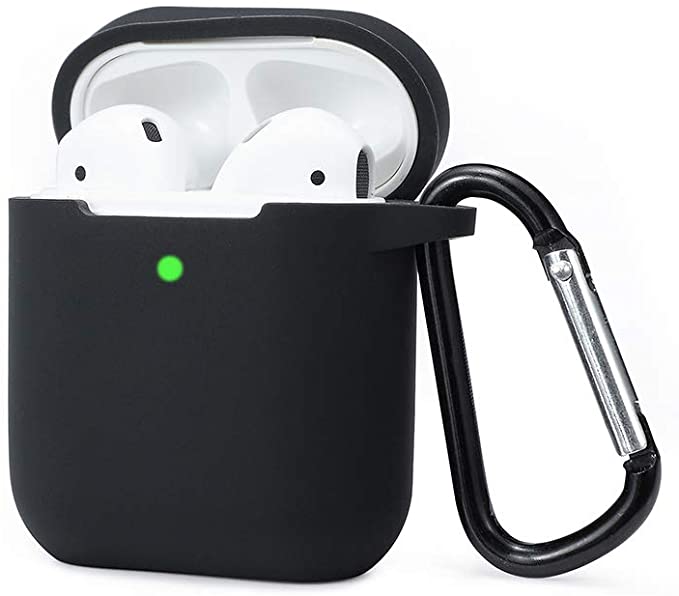 Custodia in Silicone da Appendere Compatiblile con AirPods 2 & 1, Custodia Protettiva per AirPods, Airpods cover case LED anteriore Visibile Moschettone Portachiavi, Nero
