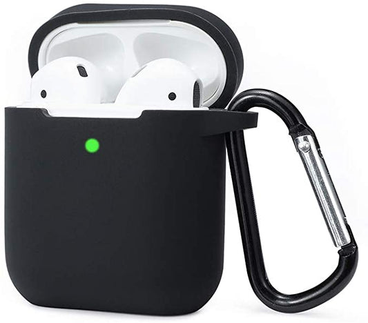 Custodia in Silicone da Appendere Compatiblile con AirPods 2 & 1, Custodia Protettiva per AirPods, Airpods cover case  LED anteriore Visibile Moschettone Portachiavi, Nero