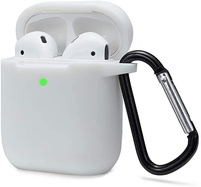 Custodia in Silicone da Appendere Compatiblile con AirPods 2 & 1, Custodia Protettiva per AirPods, Airpods cover case LED anteriore Visibile Moschettone Portachiavi, Nero
