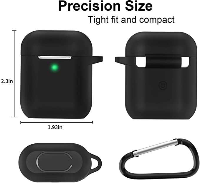 Custodia in Silicone da Appendere Compatiblile con AirPods 2 & 1, Custodia Protettiva per AirPods, Airpods cover case LED anteriore Visibile Moschettone Portachiavi, Nero