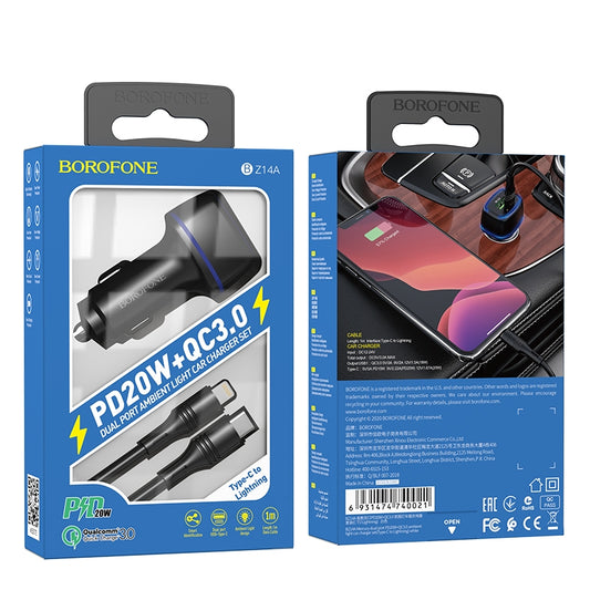 Borofone BZ14A PD 20W USB-C / Type-C + QC 3.0 USB Ports Car Charger with Ambient Light + 1m USB-C / Type-C to 8 Pin Data Cable Set(Black)