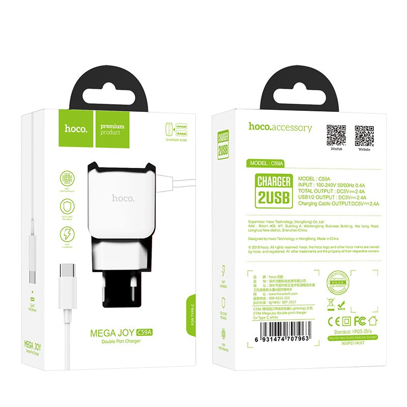 caricabatterie da muro “C59A Mega joy” doppia porta USB EU con cavo integrato